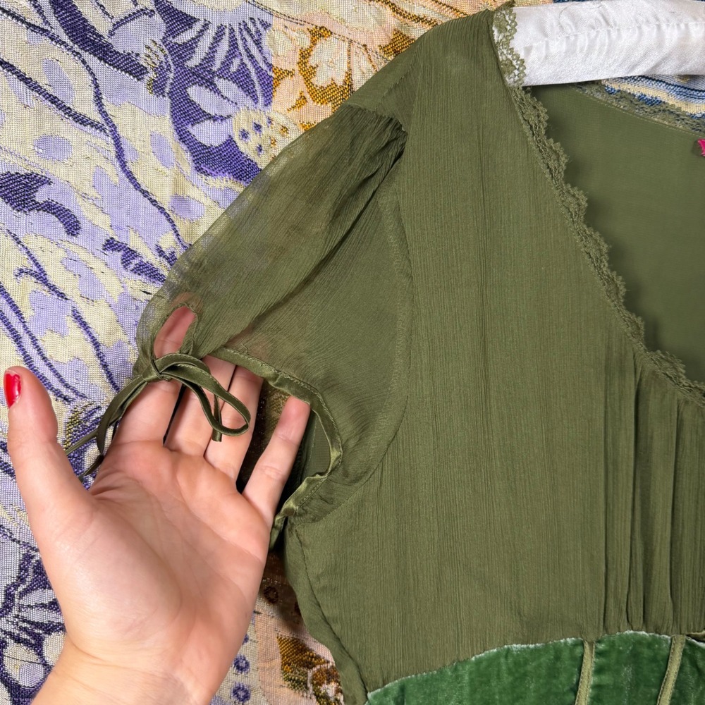 Silk Green Velvet Lace Up Corset Renfair Goth Fairy Babydoll Blouse Size XL - Picture 7 of 14